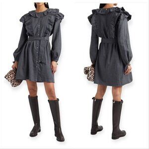 Antik Batik Lova Belted Ruffled Cotton-flannel Mini Dress In‎ Dark Gray, NWT